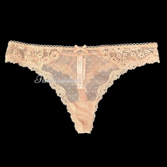 Victorias Secret Dream Angels Supersoft Mesh dot Lace trim Thong Panty M - Picture 1 of 4